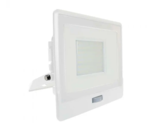 50W LED prožektorius V-TAC, baltu korpusu, 3000K, su judesio davikliu