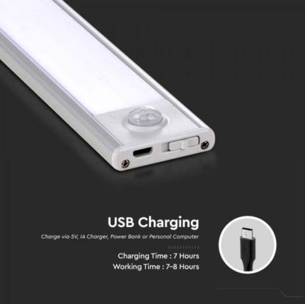 2,5W LED įkraunamas linijinis paviršinis šviestuvas, 60cm, sidabro sp., 3000K, su judesio davikliu - Image 5