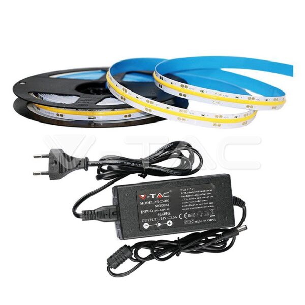 10W/m LED juosta, 280LED/m, IP20, 6400K, 5m, su 60W maitinimo šaltiniu, 24V, 2.5A, IP44