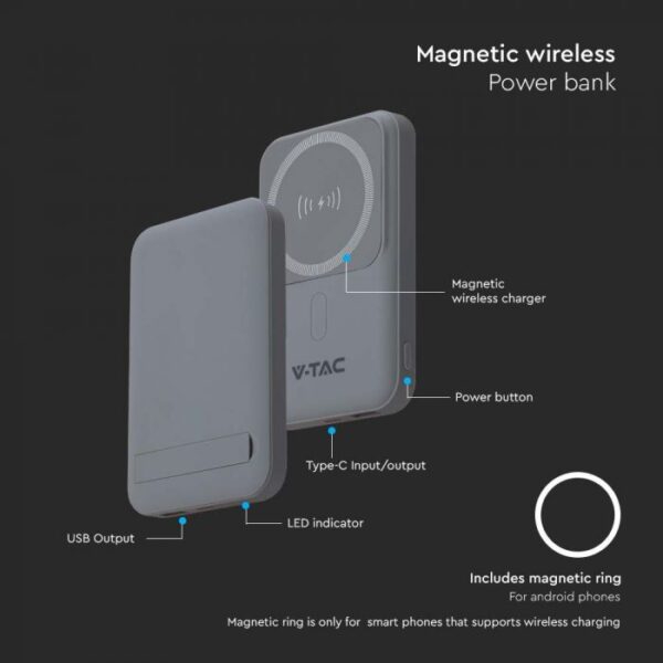 Išorinė baterija (power bank), 10000mAh, pilkos spalvos, su belaidžio krovimo funkcija - Image 2