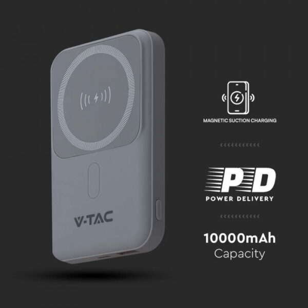 Išorinė baterija (power bank), 10000mAh, pilkos spalvos, su belaidžio krovimo funkcija - Image 3