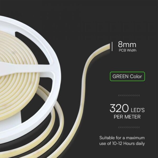 10W/m LED COB juosta, 320LED/m, 24V, žalia šviesos sp., IP67, 5 metrų ritė - Image 3