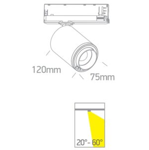 20W LED akcentinis bėgelio šviestuvas, baltas, 3000K, reguliuojamas šviesos kampas