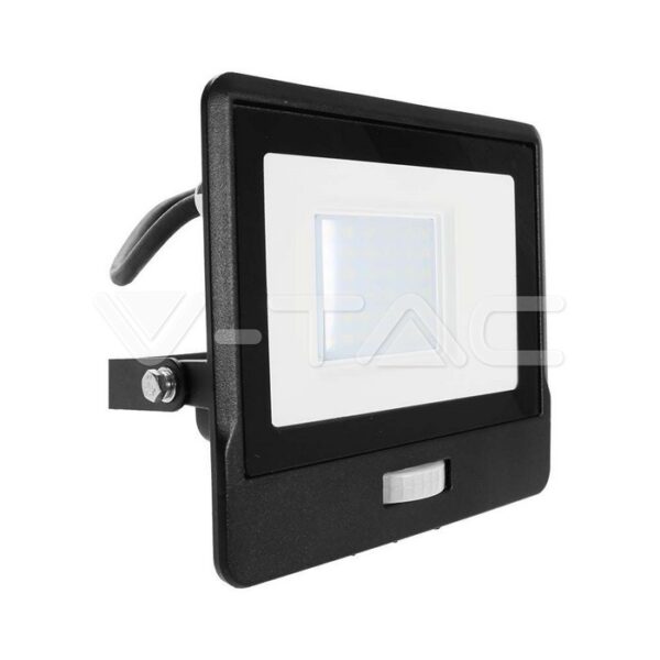 30W LED prožektorius V-TAC, juodas, 4000K, su PIR judesio davikliu