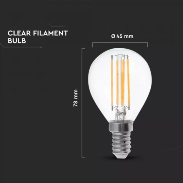 6W LED lemputė V-TAC, E14, P45, 2700K, filamentinė, 100lm/W, skaidriu stiklu - Image 2