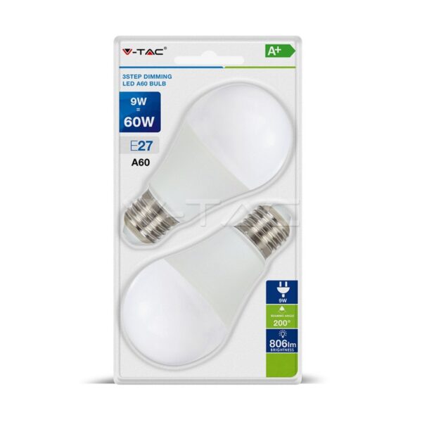 9Wx2vnt/pakuotėje LED lemputės V-TAC, A60, E27, dimeriuojamos per 3 žingsnius, (4000K) natūraliai balta