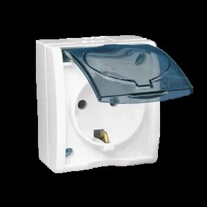 Kištukinis lizdas, 1 vt., mechanizmas su korpusu, su dangteliu ir įžeminimu, baltas, virštinkinis, IP54, Kontakt Simon, Aquarius, AQGSZ1Z/11A