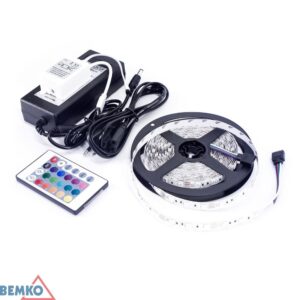 Rinkinys - 14,4W/m, 12V, IP65, RGB LED juosta, 5m ritė, su 12V maitinimo šaltiniu ir nuotolinio valdymo pulteliu